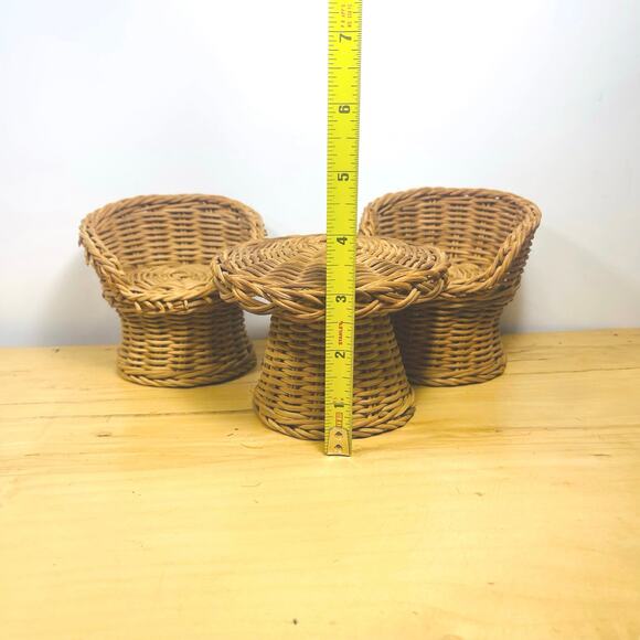 Vintage 70s Wicker Cane Barbie Doll Table Chairs Furniture Hong Kong Toys - Picture 11 of 13
